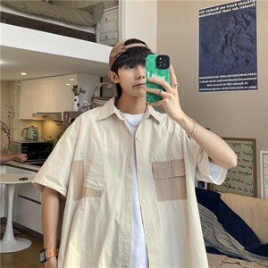 日系cityboy卡其杏色拼接工装衬衫短袖宽松衬衣设计感W3171-P30图片