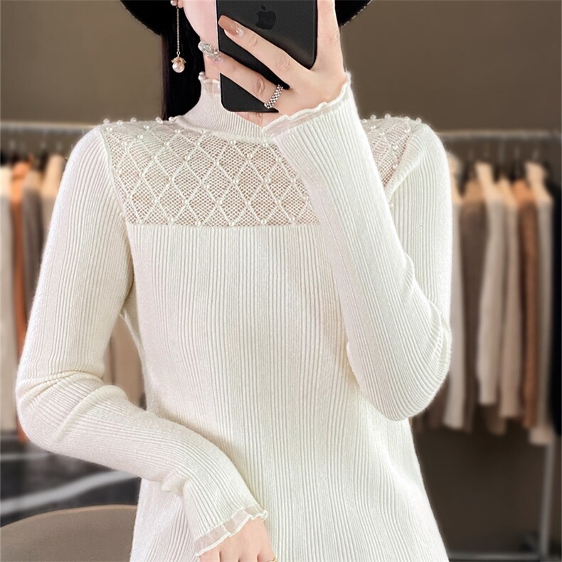 优雅珍珠装饰欧根纱针织衫显瘦修身长袖毛衣，女装针织衫/毛衣，暖姿羊绒