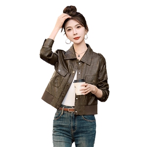 小个子休闲短款PU皮夹克翻领时尚复古机车服图片
