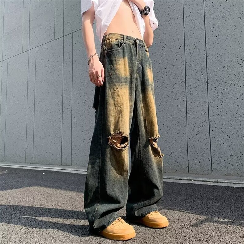 美式破洞牛仔裤男高街ins微喇裤子春季炸街痞帅直筒裤9011P43,男装牛仔裤,星座410-2