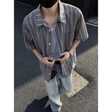 特批P27无差价夏季竖条纹撞色翻领大码短袖衬衫男休闲外套CD5476，男装衬衫，电商A001-1