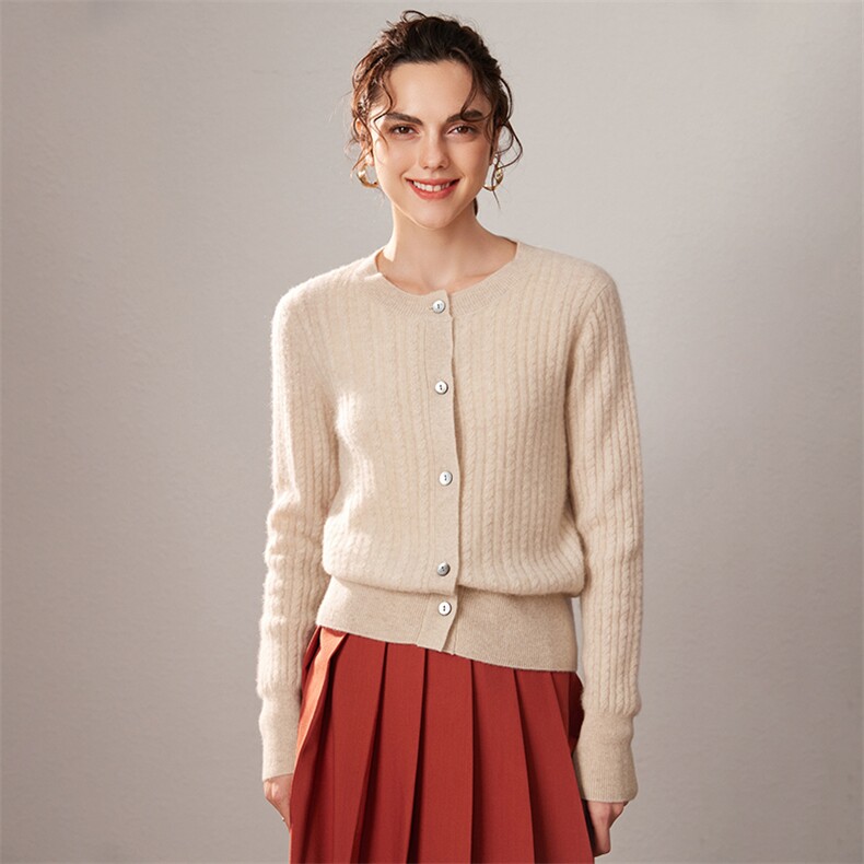 2025春秋新款羊绒衫女100纯山羊绒纯色减龄针织开衫圆领修身外套，女装羊绒衫，戎叶云台
