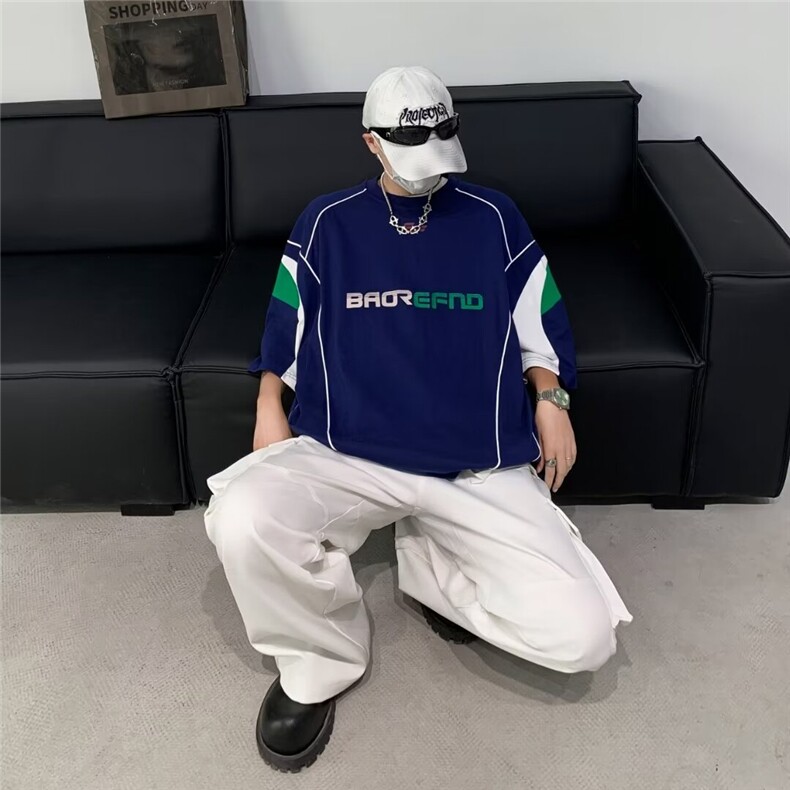美式复古运动球服线条拼接短袖T恤男夏新款宽松球衣DT03-P42,男装T恤,星座1001-1