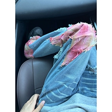 新款美式潮牌贴布拼接牛仔裤男款设计感宽松百搭休闲直筒裤，男装牛仔裤，星座410-7