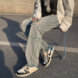 欧美高街hiphop做旧牛仔裤男破洞补丁痞帅修身裤子ins潮N3278-p45图片