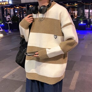 M3126-P80冬装新款潮流条纹百搭毛衣男女情侣宽松针织衫上衣外套