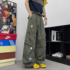 2025夏季新款直筒工装裤男女美式宽松花花刺绣伞兵裤KZ0126-P70，男装工装外套，星座308B-1