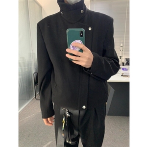（现货）自制款 纽扣斜拉链襟翻领垫肩短款夹克外套男图片