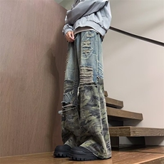 水洗潮牛仔布长裤青年春秋美式复古高街破洞迷彩拼接牛仔裤多口袋，男装休闲裤，星座1013