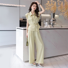 夏季新款法式纯色无袖衬衫套装女高级感轻奢气质收腰阔腿裤两件套，女装套装/套裙，卡杰菲