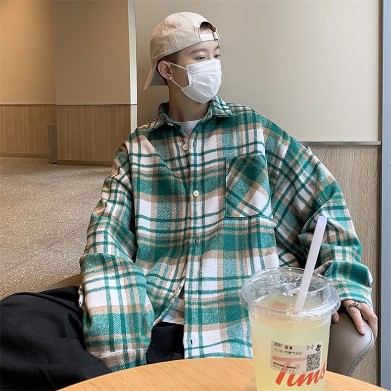 A720-P40秋季新款长袖格子衬衫男士潮流宽松休闲衬衣外套男,男装衬衫,星座512-6