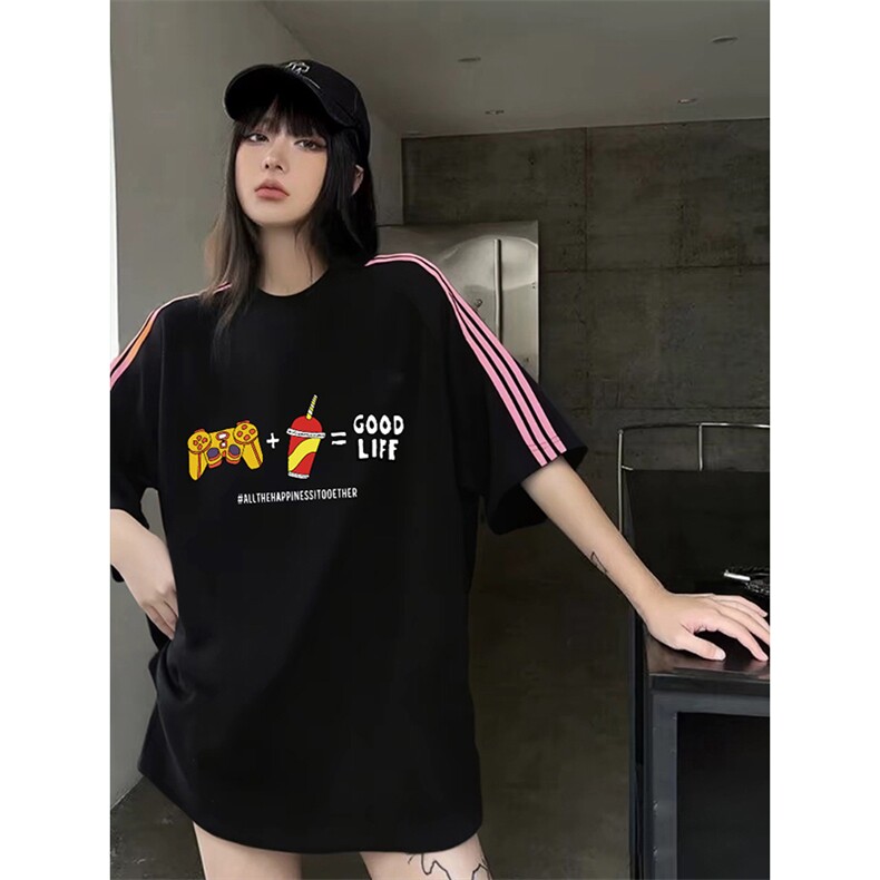 抖音得物品质二开240克宽松纯棉美式潮牌印花三条杠中性风短袖T恤,男装T恤,电商A486