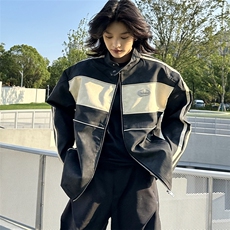 JK8547-P73撞色拼接皮衣外套女春秋季vintage美式夹克高级感，男装夹克，电商B323A