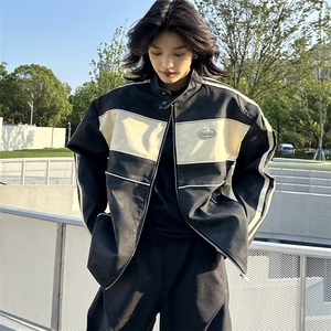 JK8547-P73 撞色拼接皮衣外套女春秋季vintage美式夹克高级感图片
