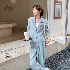 26春新款现-浅蓝温柔风拼接格子西装套装2628-P180K288，女装套装/套裙，2B190