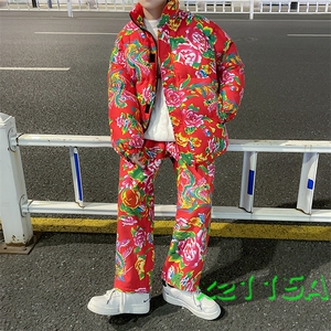 Z01情侣东北大花风民族风特色棉衣加绒裤套装大码男女土潮装图片