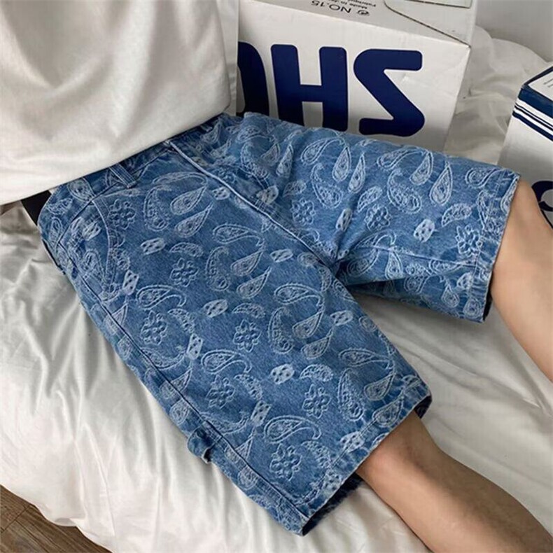 夏季日系潮牌腰果花牛仔短裤男韩版潮流五分裤港风宽松学生,男装牛仔裤,星座506A
