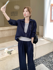 韩剧藏青色休闲衬衫运动套装女秋2025新款条纹吊带ootd穿搭三件套，女装套装/套裙，浙宝192（原082）