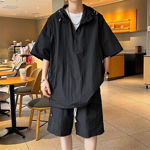 工装连帽防晒衣户外骑行运动服短袖男士夏季薄款休闲套装T05图片
