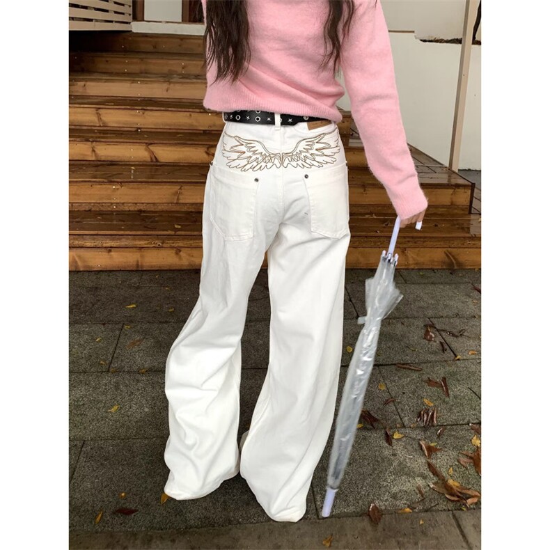 欧美街头潮牌反穿脏脏牛仔裤女高街风刺绣宽松显瘦直筒阔腿拖地裤,男装牛仔裤,四季星座505