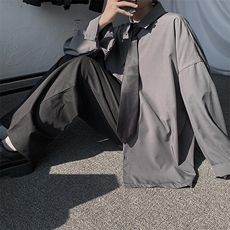 送领带中性夏季冰丝长袖衬衫男女港风DK帅气外穿衬衣C623/P35，男装衬衫，电商D202-1