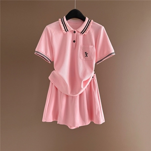 时尚潮流休闲套装裙女夏新款高级感显瘦Polo领短袖上衣裤裙两件套图片