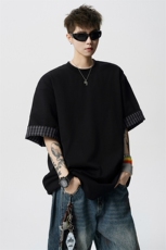 8XL-M格子翻边设计短袖tee男同款文艺休闲T恤上衣半截袖男DX342，男装T恤，电商D206-1