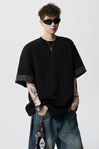 8XL-M 格子翻边设计短袖tee男同款文艺休闲T恤上衣半截袖男DX342图片