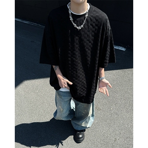 8XL-M 特大码短袖男夏季港风棋盘格子T恤冰丝半截五分袖DX323P35图片