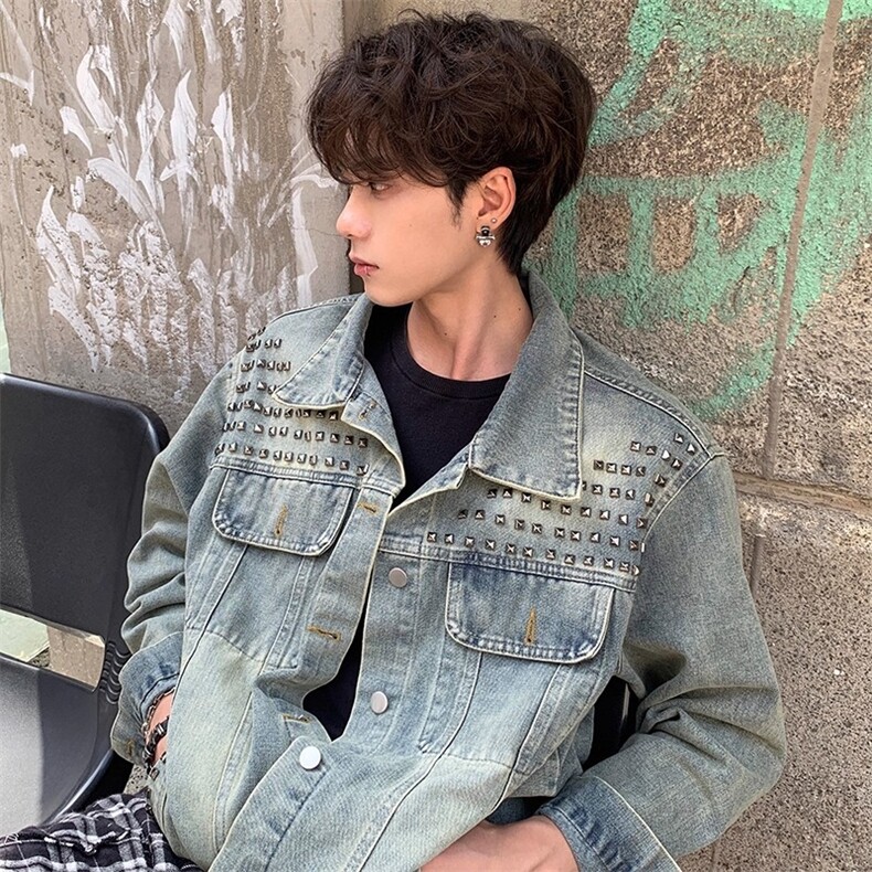 美式复古牛仔外套男女宽松百搭重工铆钉做旧慵懒休闲夹克潮流，男装工装外套，星座410-7