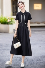 赫本风黑色拼接连衣裙女2024年夏季新款时尚设计感小众polo领长裙，女装连衣裙，魅影