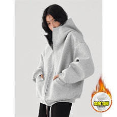 480G重磅加绒硬挺boxy男女秋冬美式高街防风高领卫衣开衫厚外套，女装短外套，电商A486-1