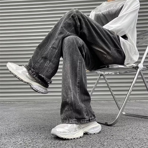 黑灰色做旧牛仔裤男欧美高街嘻哈潮牌炸街痞帅休闲破洞老爹裤图片
