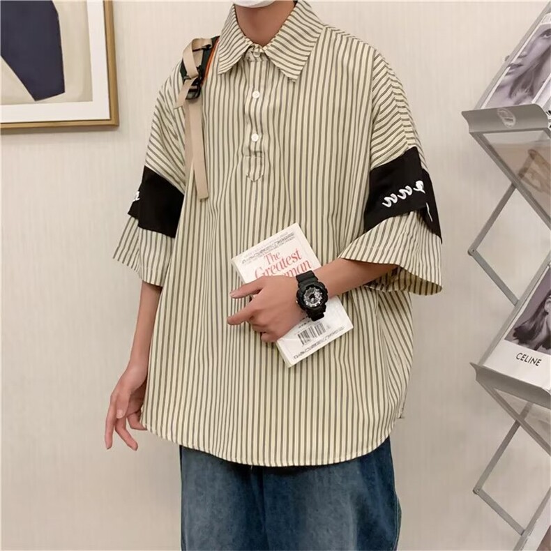 夏季五分袖休闲宽松条纹翻领衬衫C752 p35图片