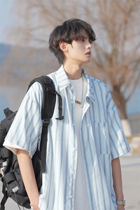 日系cityboy条纹短袖衬衫男款夏季户外潮流学院风宽松休闲衬衣服图片