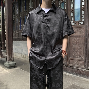 风夏男套装男龙纹衬衫短袖衬衫长裤唐装TZ60 P70图片