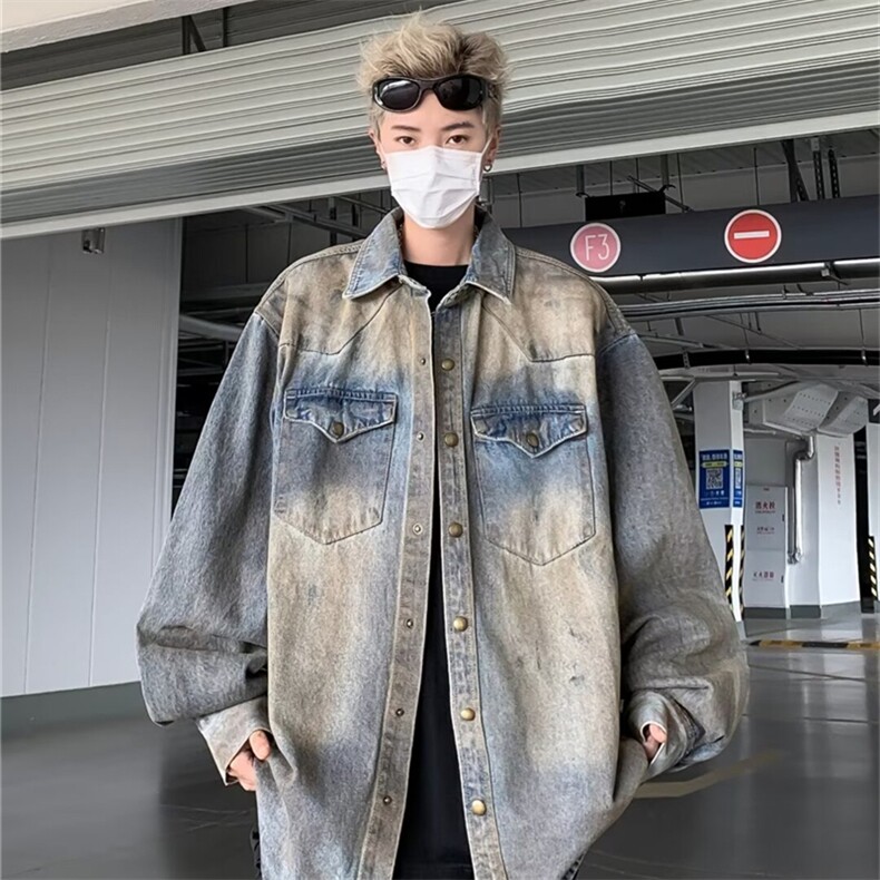 2024秋季新款潮牌水洗做脏垫肩牛仔工装衬衫薄夹克现货W8268-P66图片