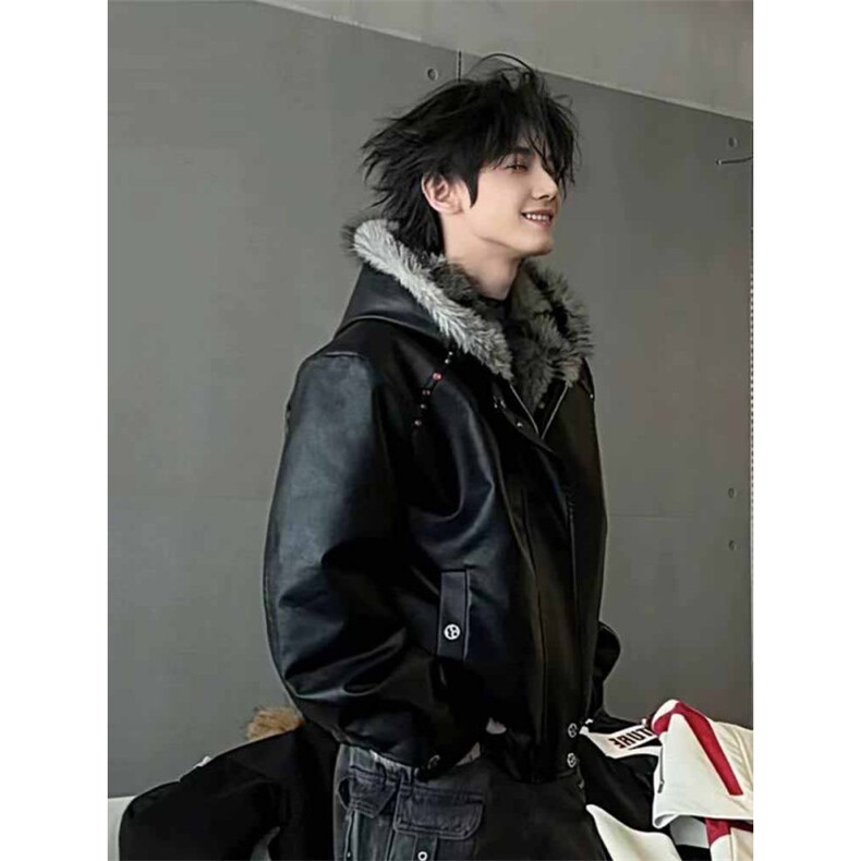 网图座山雕加绒加厚皮衣双面穿连帽棉服短款外套,男装皮衣,电商C307