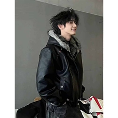 网图座山雕加绒加厚皮衣双面穿连帽棉服短款外套，男装皮衣，电商C307