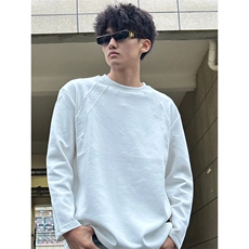 抖音得物品质26春装美式高街宽松曼巴棉螺纹拼接卫衣圆领长袖T恤，男装T恤，电商A443