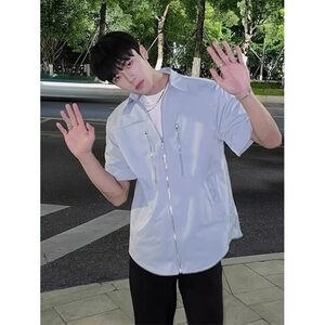 天蓝色鱼骨隐形垫肩短袖衬衫设计感高级cleanfit街头风半袖衬衣男图片