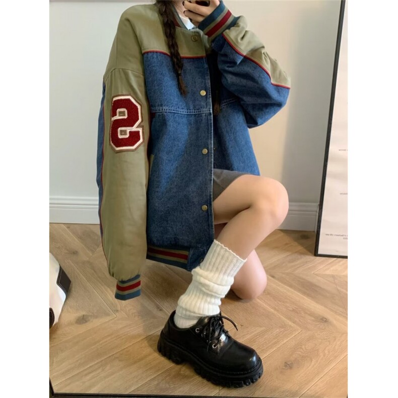 今年流行牛仔外套男女美秋季新款拼接百搭独特棒球服JK8527图片