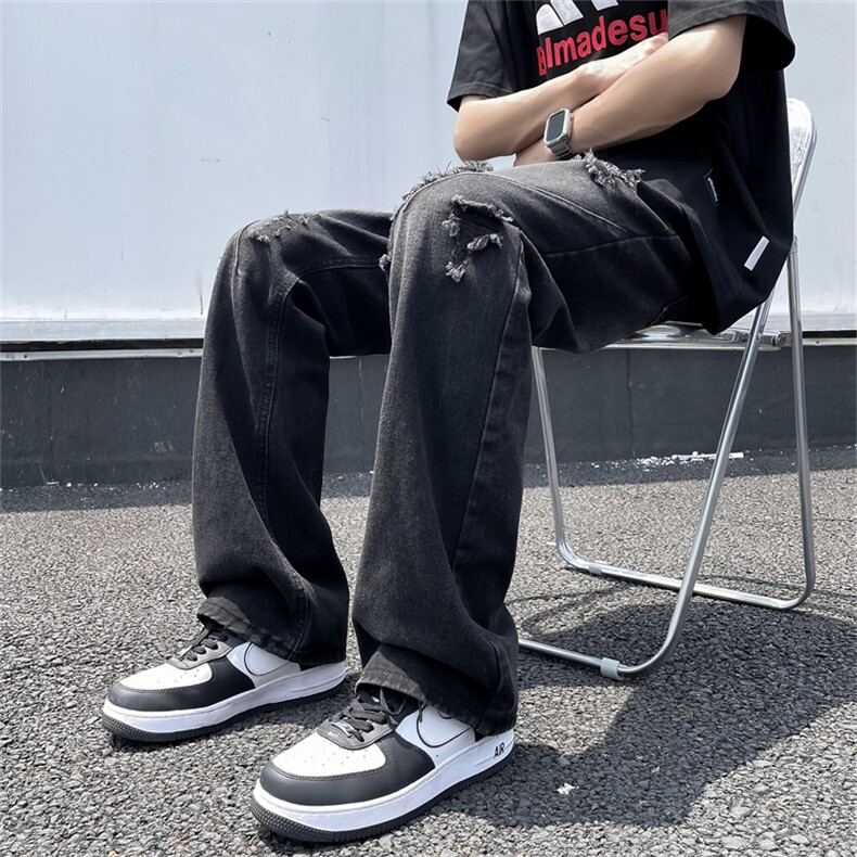 2024年夏季新款港风美式高街潮牌痞帅破洞直筒牛仔裤ZK3481-P45，男装牛仔裤，星座313A(原308A-2)
