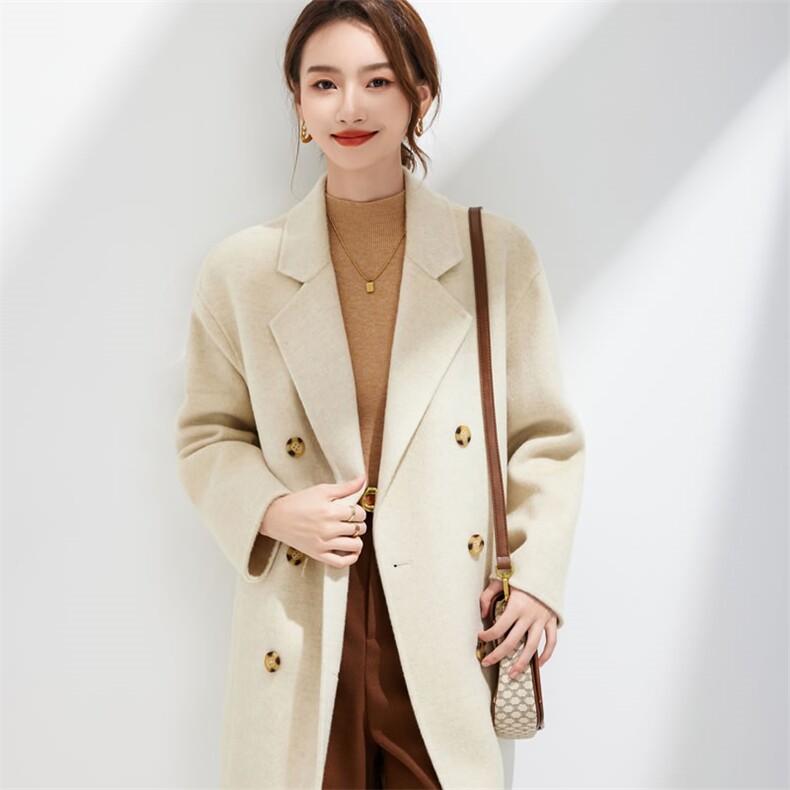 春秋新款中长款纯色双面羊毛大衣女减龄显瘦羊毛呢外套宽松大码，女装双面呢大衣，阿吉丽克