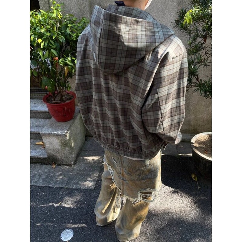 美式拉链开衫连帽格子格纹衬衫夹克外套JK198特P60,男装夹克,星座908-1