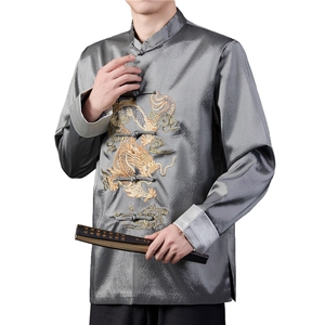 2024高端风唐装绸缎外套男士中老年新中式复古盘扣夹克图片