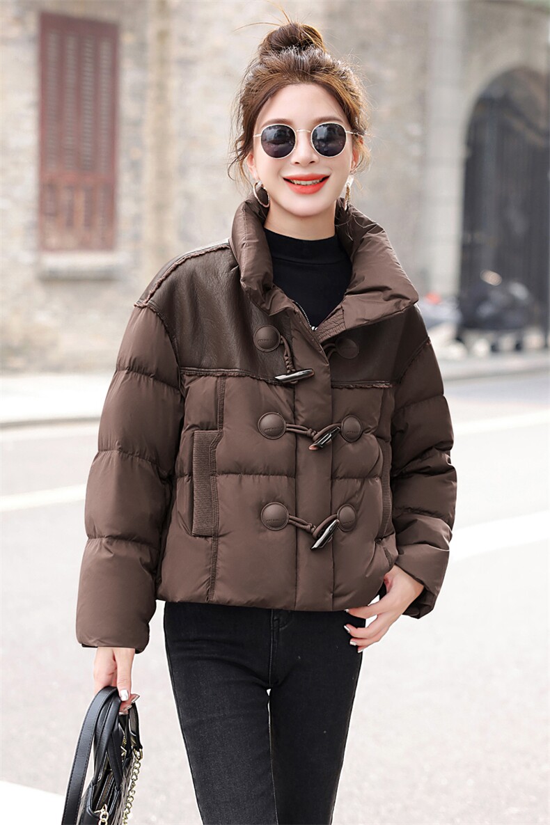 重工PU蛋白皮拼接加厚羽绒服外套女装2025冬季新款女宽松减龄上衣,女装羽绒服,意芙
