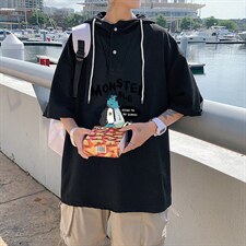LD54074-P45连帽短袖t恤男大码胖子带帽五分袖中袖，男装T恤，电商A040