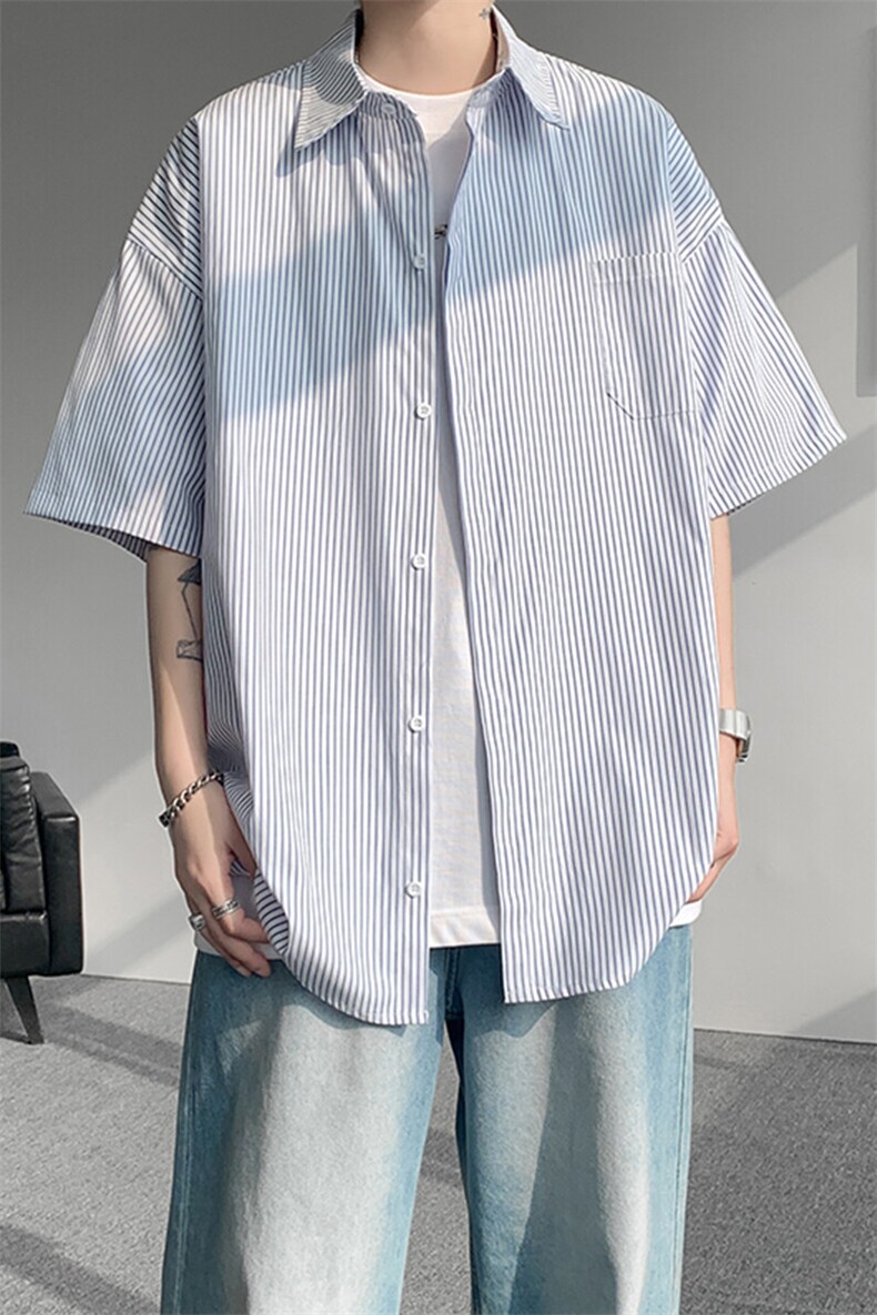 8XL-M条纹短袖衬衫男夏季宽松慵懒风痞帅大码衬衣外套DC28001P40,男装衬衫,电商B312