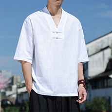 男士大码棉麻透气短袖体恤2025夏季风纯色五分袖上衣T82-P50，男装T恤，电商A008